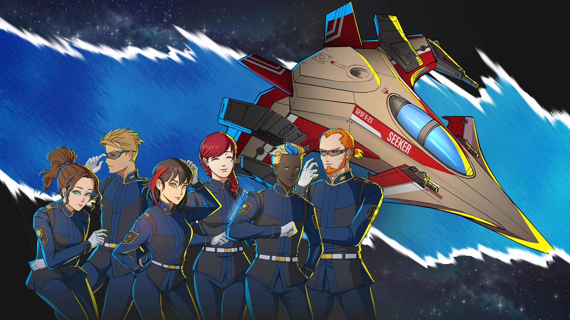 Project ZW key art — a squadron of elite spacefighter pilots in front of the GFSF X-23 'Seeker' starfighter